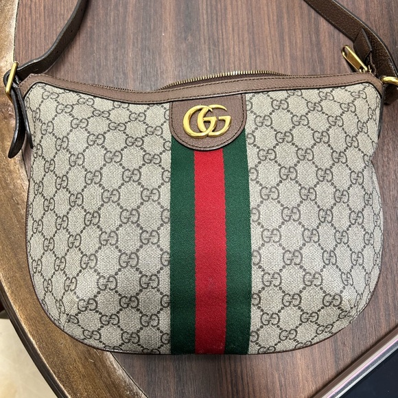 Gucci Handbags - Gucci Beige and Brown Ophidia GG Shoulder Bag with Red and Green Stripe